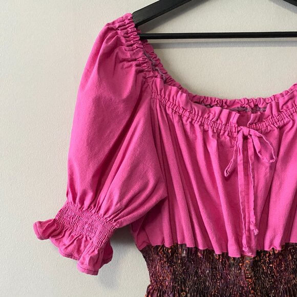 Handmade Plus Size Linen Cotton Batik Pink Multicolour Peasant Dress - Picture 3 of 16